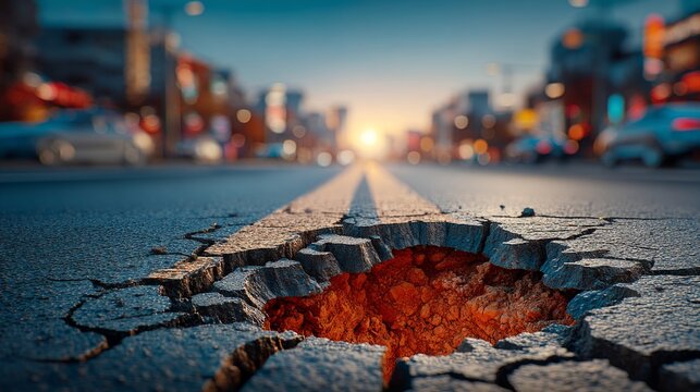 Close up view of cracked asphalt road with deep hole during urban sunset