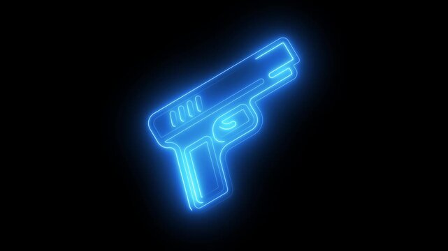 Neon blue digital gun icon. Futuristic weapon outline glowing in dark cyberspace.