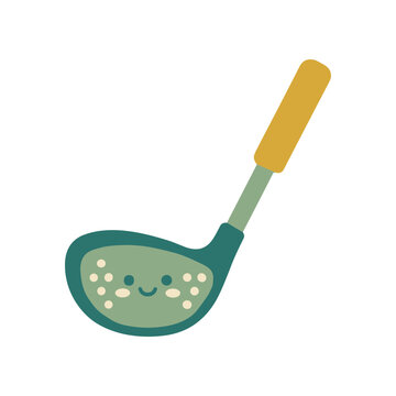 Cute cartoon ladle with smiling face and dimples, isolated on white background