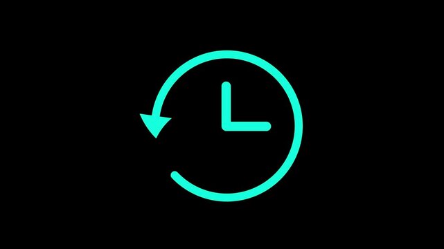 Black clock icon with a circular arrow symbolizing time, history, past, rewind, or returning to a previous moment.