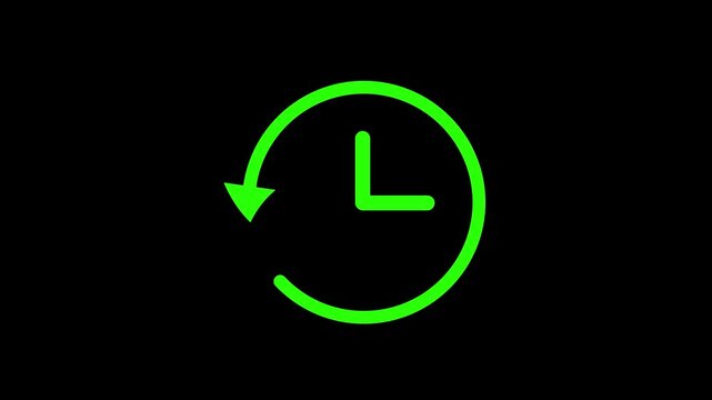 Black clock icon with a circular arrow symbolizing time, history, past, rewind, or returning to a previous moment.