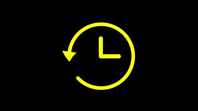 Black clock icon with a circular arrow symbolizing time, history, past, rewind, or returning to a previous moment.