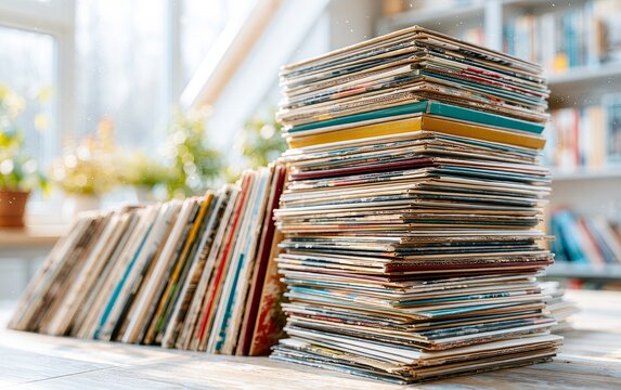Large stack of vintage vinyl record albums in bright cozy indoor setting