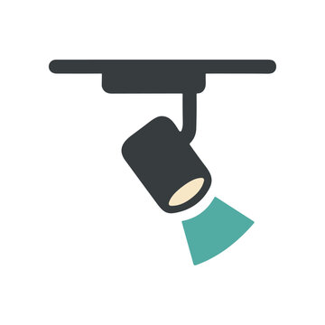 Modern track light fixture with adjustable spotlight illuminating a teal cone of light