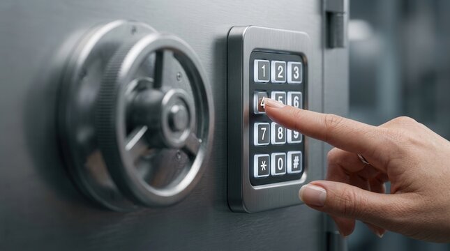 Woman opening a steel safe with an electronic lock, shown in a closeup banner design.