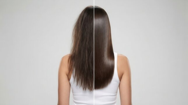 Hair treatment results on grey background featuring a woman divided into before and after halves, back view