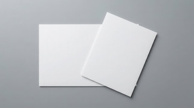Mock up of blank paper sheets for brochure, top view on grey background