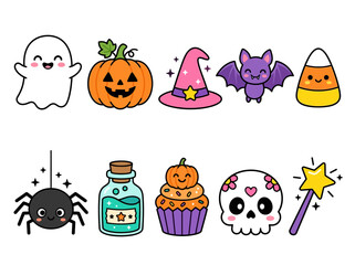 Fototapeta premium Cute Halloween Icon Set Kawaii Style Vector Illustration