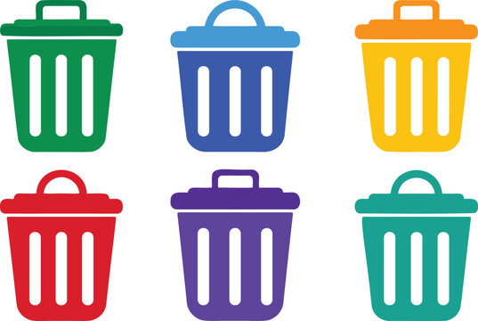 Set of six colorful trash bins, isolated waste containers in green, blue, yellow, red, purple, and cyan