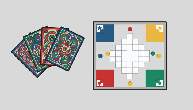 Traditional board games element featuring ornate playing cards and a colorful ludo board game setup on grey background.