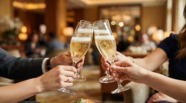 Indoor closeup of people clinking glasses filled with sparkling wine