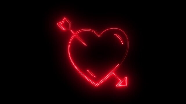 Glowing red neon heart with arrow symbol on black background for Valentine Day concept