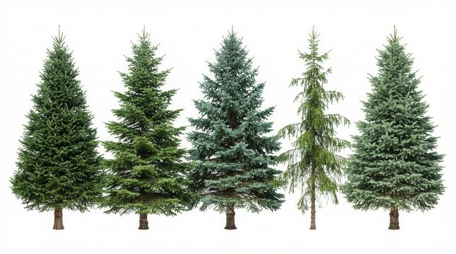 Beautiful evergreen fir trees on white background in a collage banner design