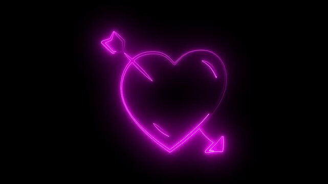 Glowing neon heart with arrow symbol on black background for Valentine Day design