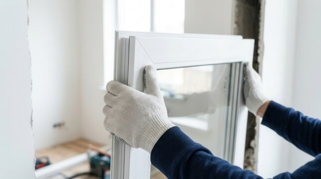 A worker installing a plastic window indoors, captured in a closeup view