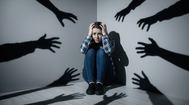 Shadows of hands symbolizing fear and anxiety surround a scared woman sitting near a wall during a paranoid delusion.