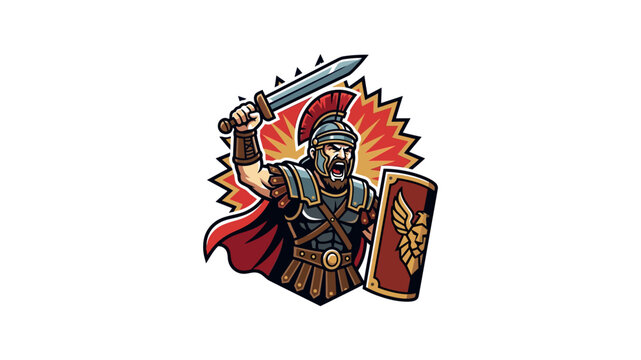 A fierce Roman soldier holding a sword and a shield with an explosive background.