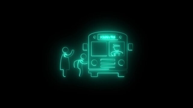 Neon school bus icon with student and driver, glowing digital education transportation graphic.
