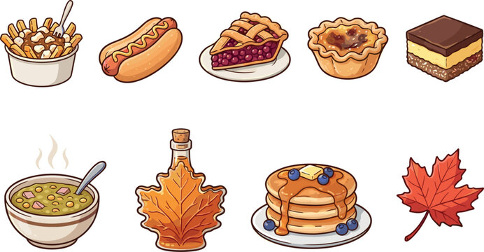 Canadian Cuisine Vector Illustration Set Featuring Traditional Food Icons Including Poutine Maple Syrup Butter Tart Saskatoon Berry Pie Pancakes Nanaimo Bar and Split Pea Soup