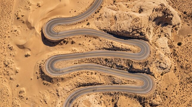 Serpentine Desert Highway: An aerial view of a winding, asphalt road cutting through a desolate, sandy desert landscape with barren hills and rock formations.