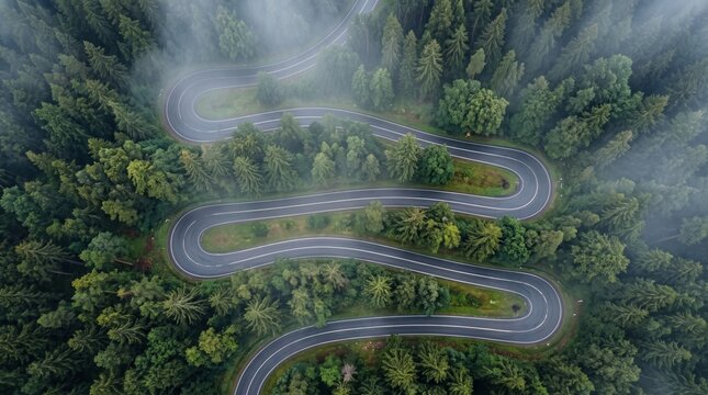Winding Forest Road: An aerial view of a winding asphalt road carving its way through a dense, misty forest, evoking a sense of adventure and discovery.