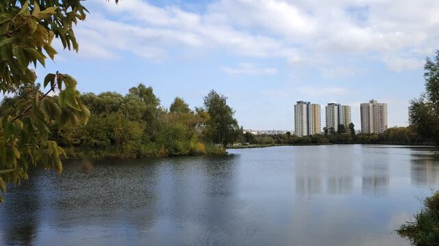 Bushes, willows and birches with branches bent over the water grow on the shore of the lake. Further on there are residential buildings and trees with yellowed leaves Sunny autumn weather and blue sky