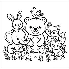 Naklejka premium Cute Animal Coloring Page with Bear Rabbit Elephant Fox Cat