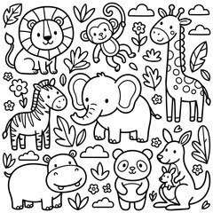 Naklejka premium Cute Cartoon Animal Coloring Page with Lion Elephant and Giraffe