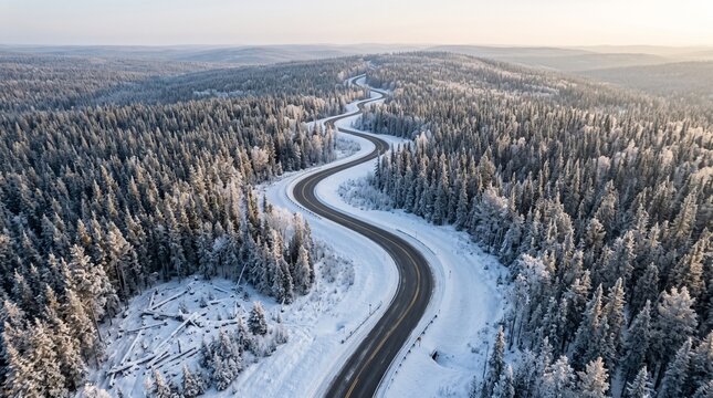 Winding Road Through a Winter Wonderland: An aerial view captures a serpentine asphalt road carving its way through a vast, snow-covered pine forest under a soft, hazy sky.