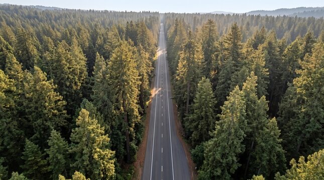 Endless Road Through Forest: An aerial view captures an asphalt road stretching endlessly through a dense forest of tall green trees, with the warm, soft light of the sun illuminating the scene.