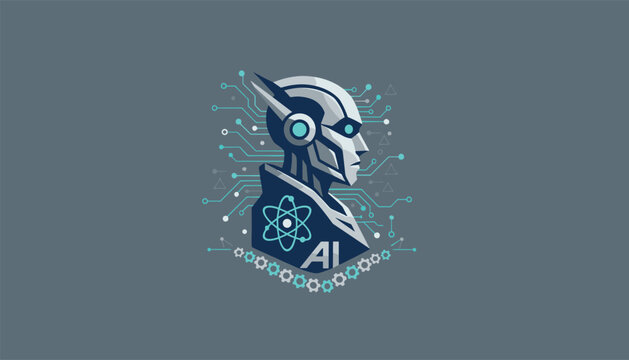 Futuristic android robot profile with cybernetic circuit patterns and artificial intelligence logo on a dark background.