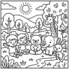 Naklejka premium Coloring Page with Children and Animals in a Sunny Forest Scene