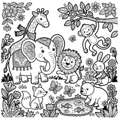 Naklejka premium Whimsical Wildlife Coloring Page with Elephant and Jungle Friends