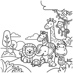 Obraz premium Cute Safari Animals Coloring Page for Kids with Fun Wildlife Scene