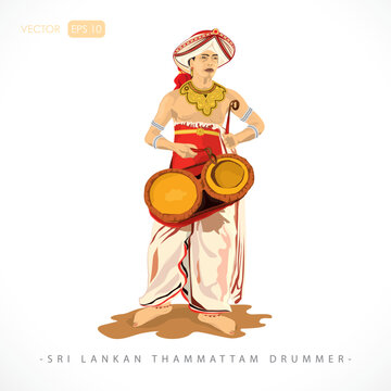 Sri Lankan Traditional  Thammattama drum performance inspired by the world-famous Esala Perahera festival in Kandy, Sri Lanka. This editable vector illustration showcases authentic ceremonial drummers