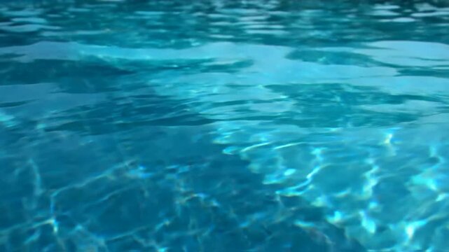 Crystal clear swimming pool water surface with gentle ripples and sunlight reflections blue