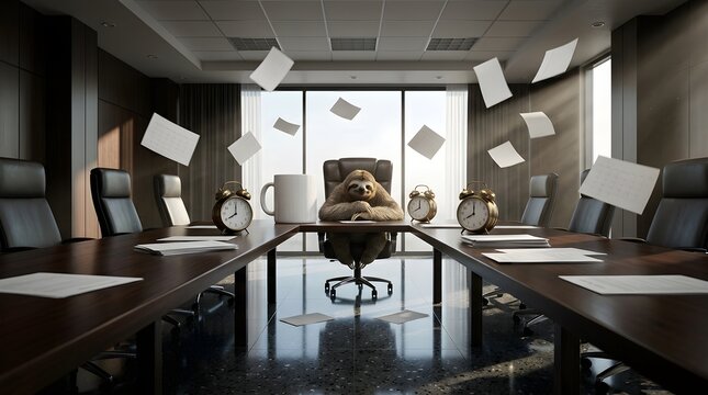 Calm Sloth Unbothered by Deadline Chaos in Corporate Boardroom