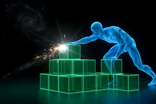 Conceptual illustration of a translucent blue human figure constructing a structure from glowing green luminous glass blocks with sparks flying construction technology building innovation