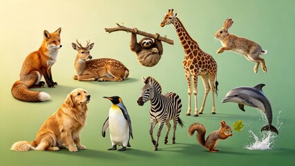 Fototapeta premium Assortment of wild and friendly animals together on soft green background fox deer sloth giraffe llama dog penguin squirrel dolphin