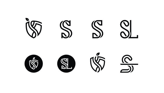 Creative set of eight corporate logo designs featuring variations of letters S and SL with shield and leaf motifs.