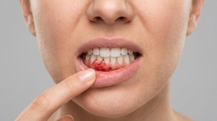 Naklejka premium Inflamed gum shown by a woman in a closeup shot on a grey background