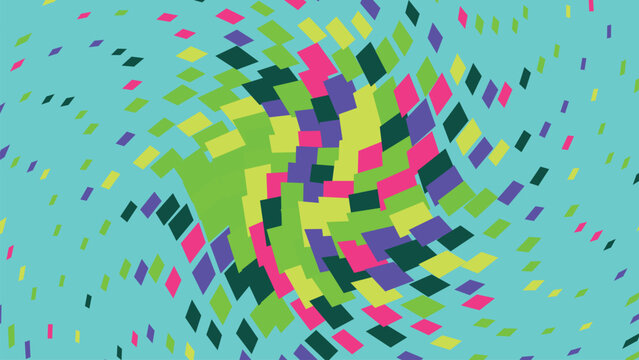 Playful background with floating colorful rectangles in warping distortion grid pattern creating whimsical visual texture for creative projects.