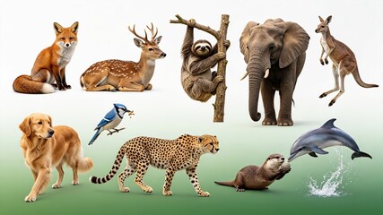 Fototapeta premium Diverse Animal Set Of Fox Deer Sloth Elephant Dolphin Golden Retriever Cheetah And Rabbit Against Clean White Studio Background