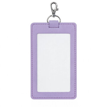 Vertical lilac purple synthetic leather badge holder with silver lobster clasp isolated