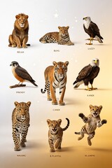 Fototapeta premium Big Cat And Bird Collection Of Cheetah Leopard Tiger Eagle And Hawk In Dynamic Poses Against Golden Gradient Studio Background