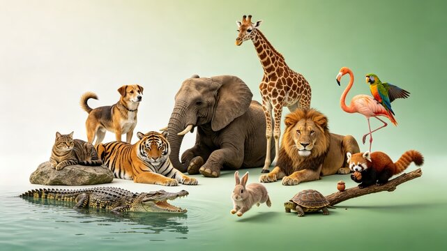 Wildlife And Pet Mix Of Elephant Giraffe Lion Flamingo Crocodile Golden Retriever Cat And Squirrel Near Water Edge Against Soft Beige Studio Background