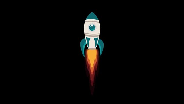 Animated flat cartoon spaceship rocket launching with fire flame on black background.