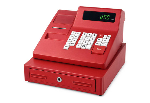 Modern red electronic cash register on a plain white isolated background for retail