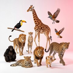 Obraz premium African Wildlife Assembly Of Giraffe Lion Leopard Chimpanzee And Toucan With Flying Birds Against Clean White Studio Background