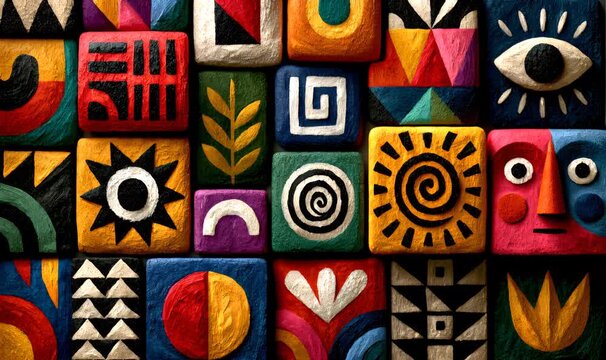 Seamlessly looping background with colorful, handcrafted tiles. This vibrant mosaic features ancient, ethnic, and folkloric symbols moving slowly